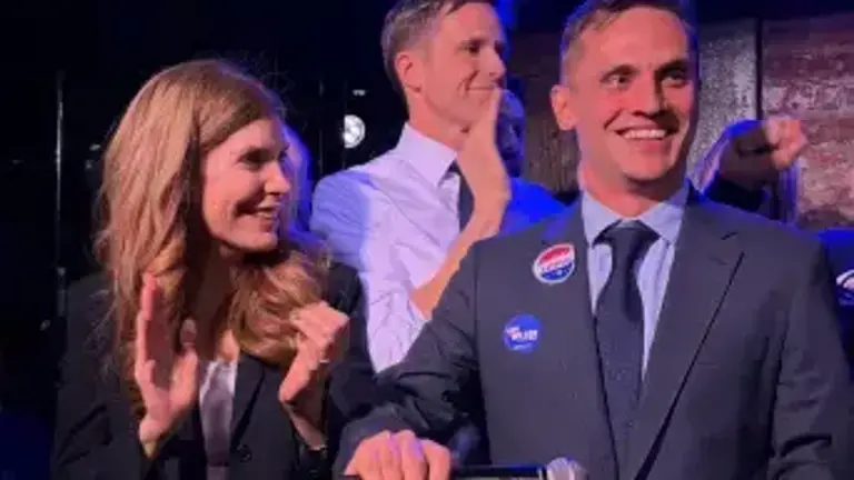 Carl Wilson (center, front) has officially won the District 3 City Council race with 60 percent of ranked-choice votes, according to updated BOE tallies. He was endorsed by Council Speaker Julie Menin (left) and State Senator Erik Bottcher (back).