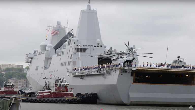 The USS <i>New York </i>docks at Pier 86, joining USS <i>Intrepid</i> for Fleet Week tours and displays.