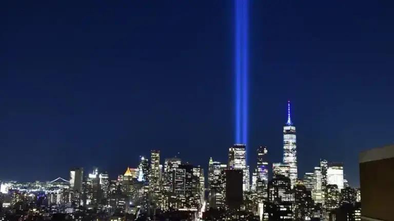 The World Trade Center “Tribute in Light” installation sent beams of hope heavenard from Ground Zero on 9/11/25, the 24th anniversary of the terror attack.