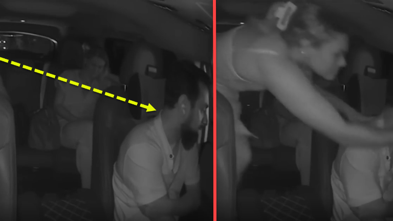 Jennifer Guilbeault moments before, and during, her attack on Shohel Mahmud. Markup by Straus News.