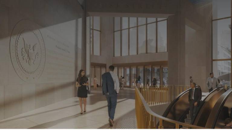 The presidential seal with Donald Trump’s name is featured prominently on a wall just inside the Grand Entrance proposed for the Eighth Ave. side of Pennsylvania Station.
